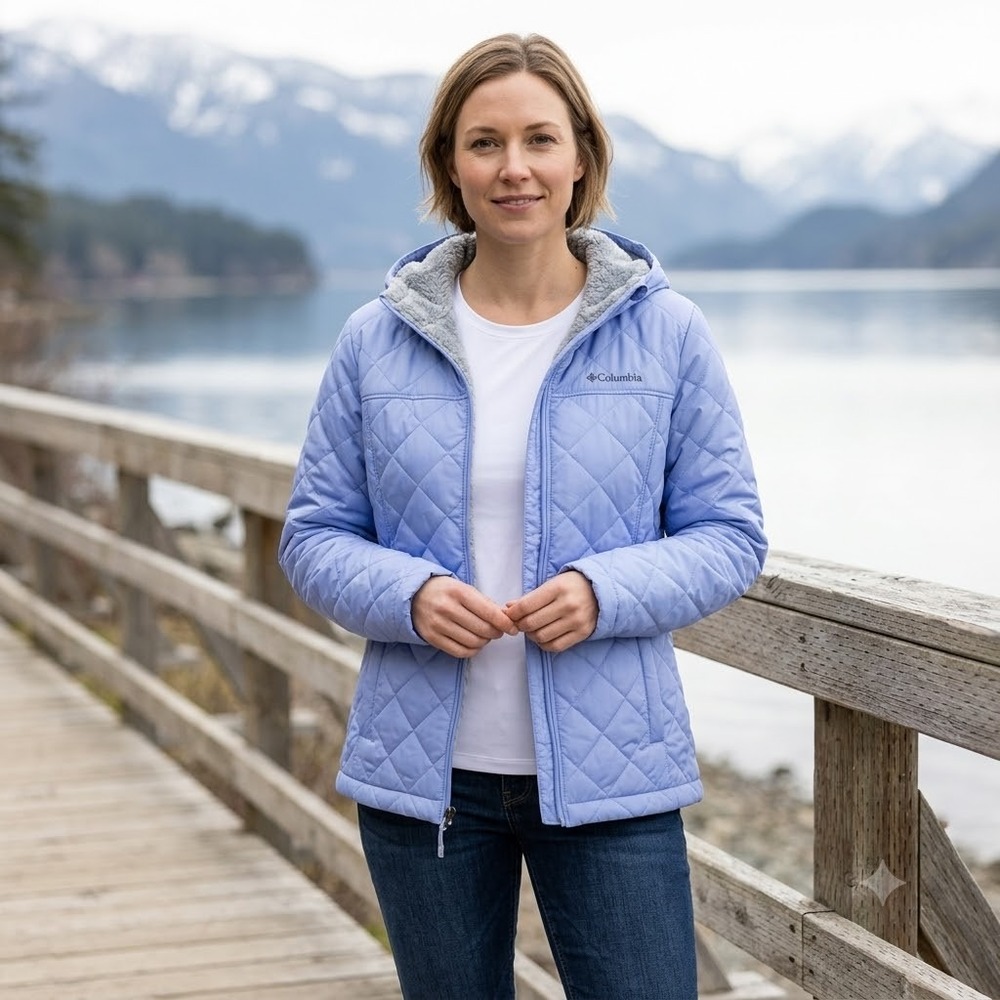 Columbia Womens Quilted Hooded Jacket Light Blue Fleece Lined XK1191 Size M